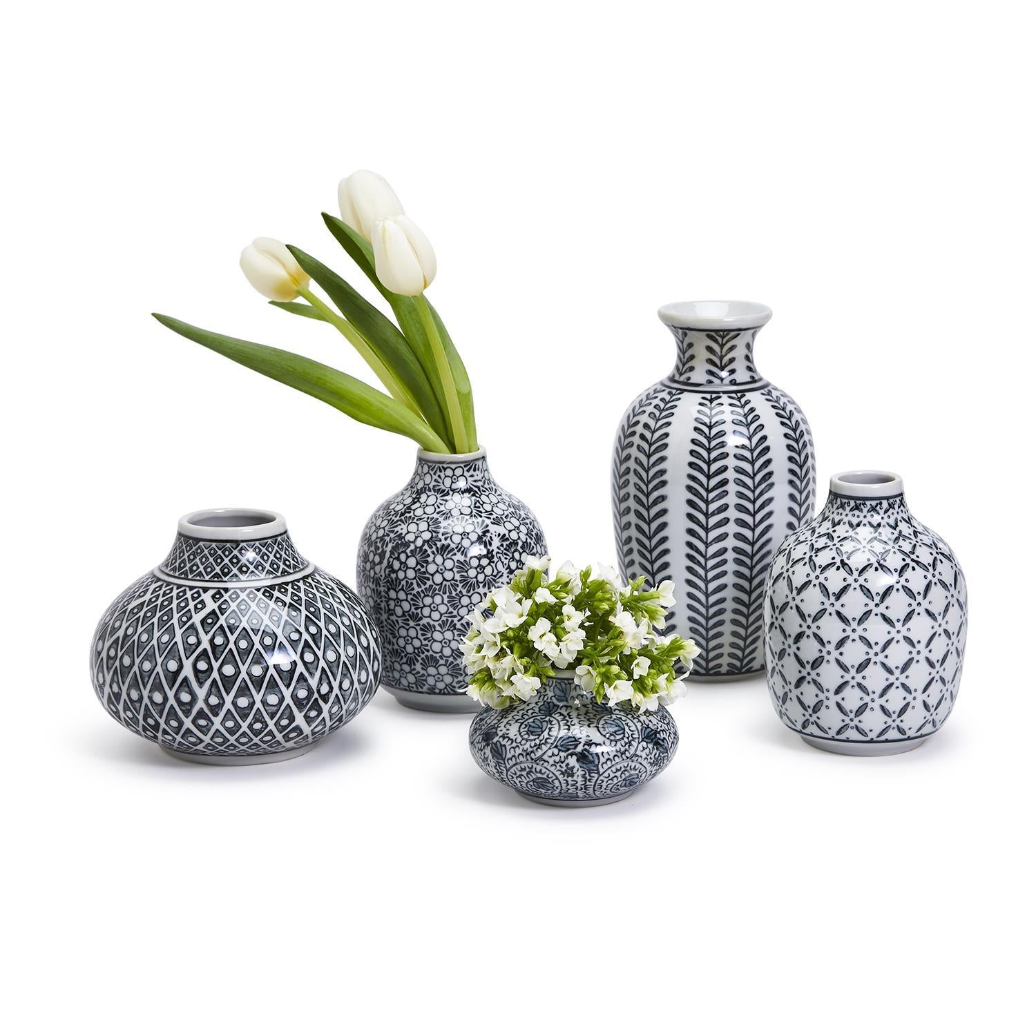 Black and White Set of 5 Hand-Painted Vases