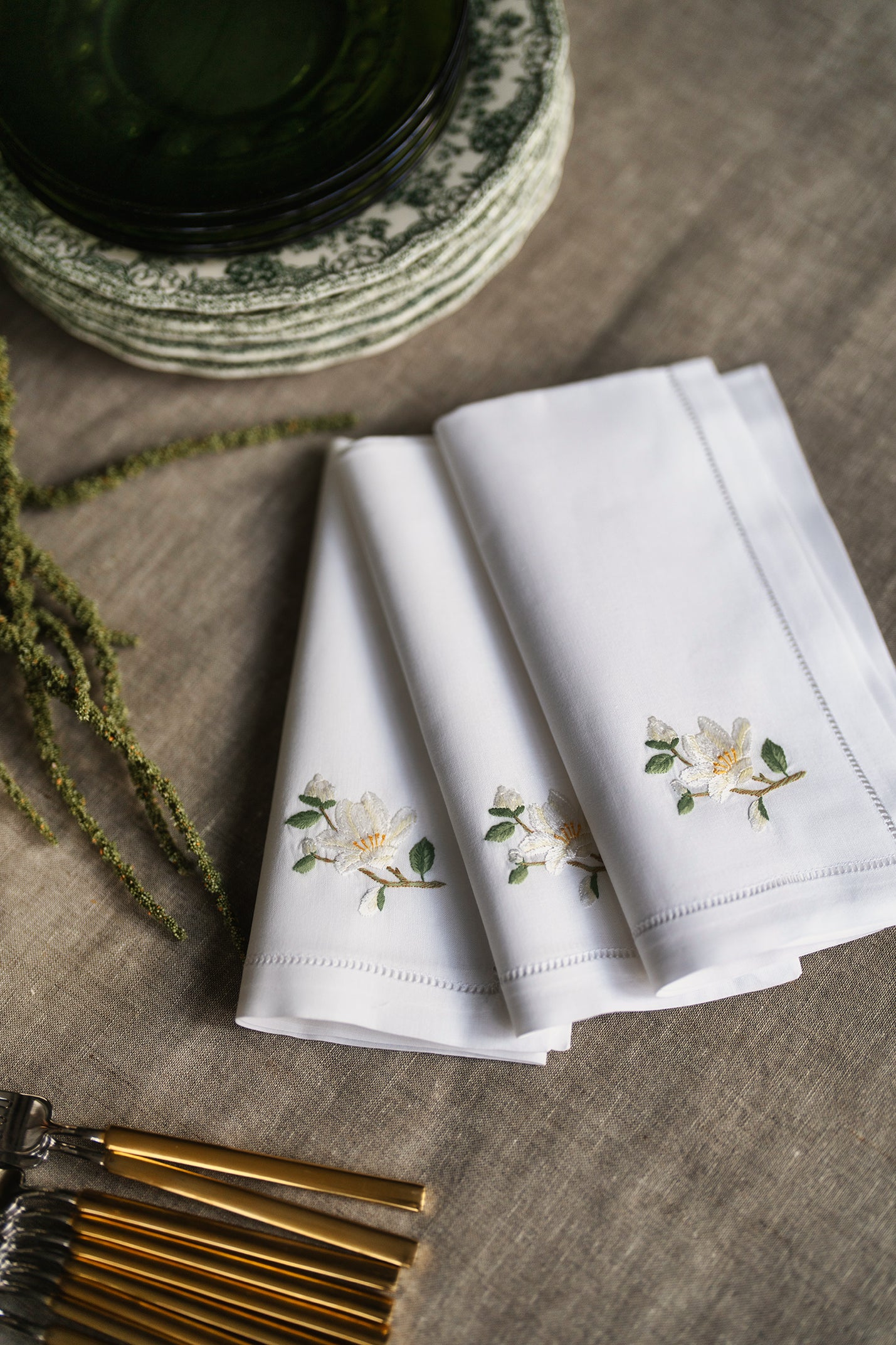 Embroidered Magnolia Hemstitch Napkin 6 Pack