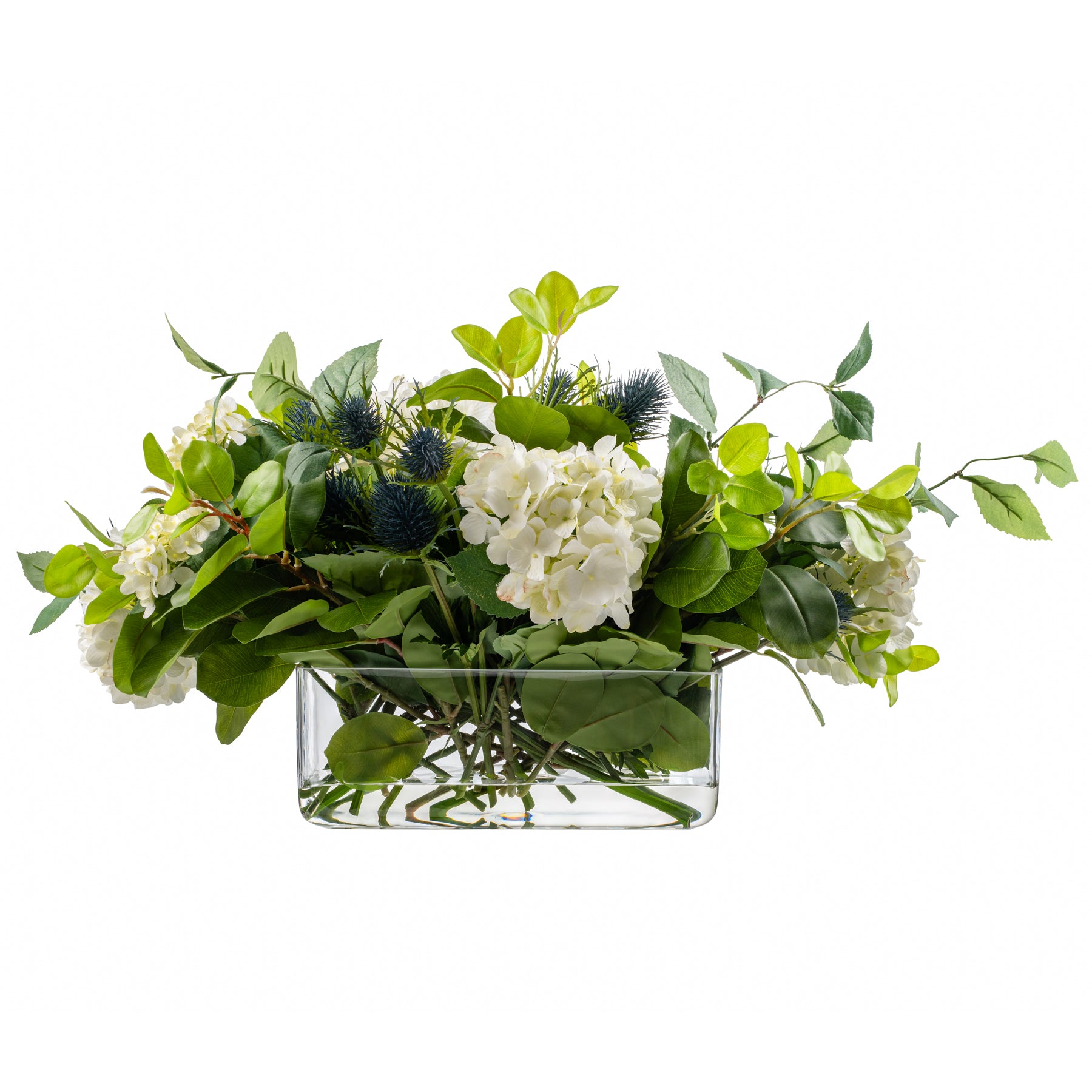 DH White Hydrangea And Blue Thistle Clear Oval Pot