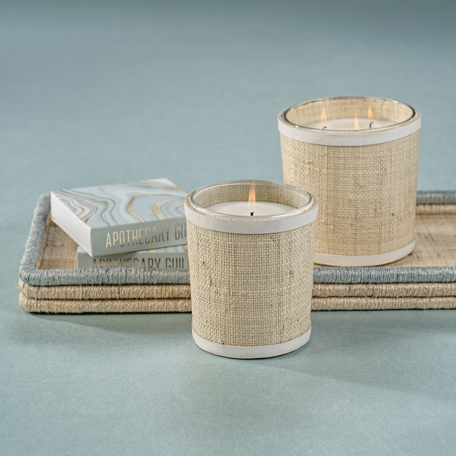 Candle in Natural Raffia Basket with Leather Trim