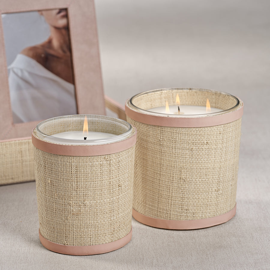 Candle in Natural Raffia Basket with Leather Trim