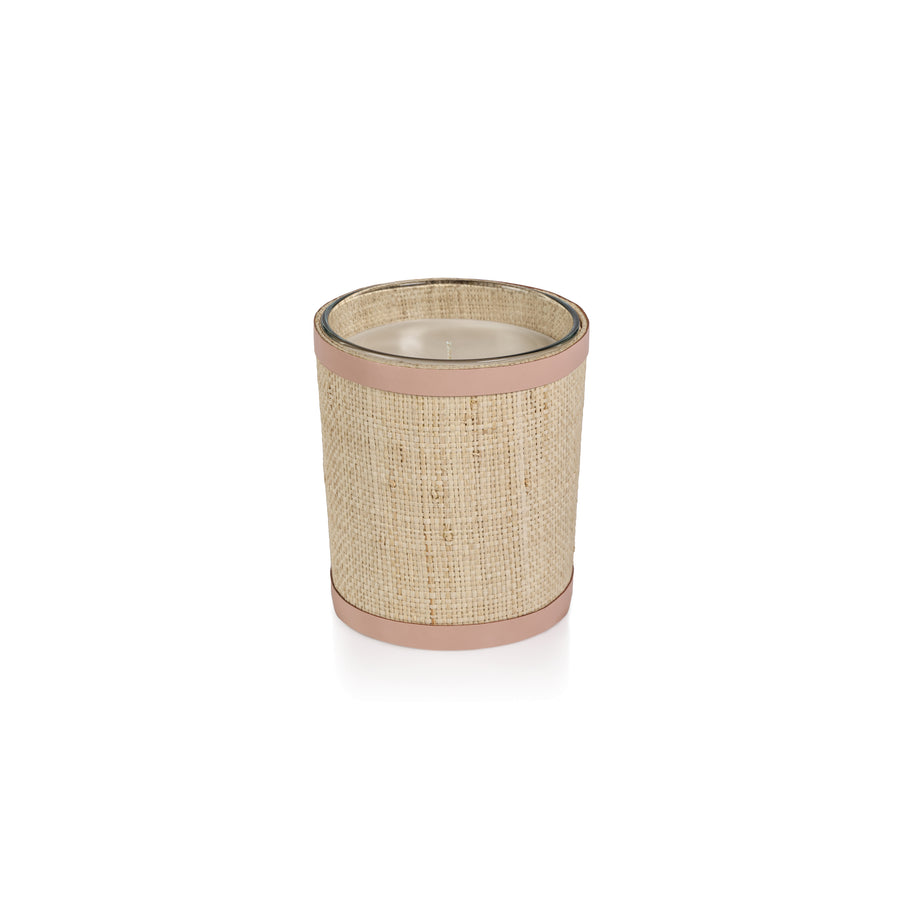 Candle in Natural Raffia Basket with Leather Trim