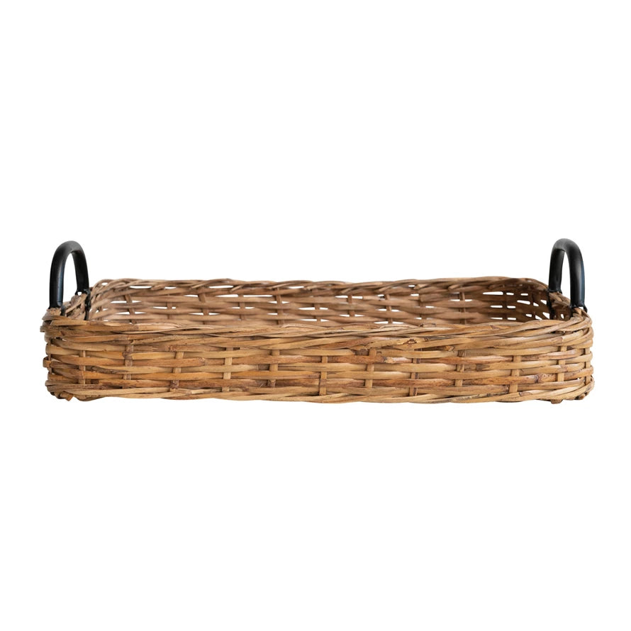 Decorative Hand-Woven Rattan Tray with Metal Handles