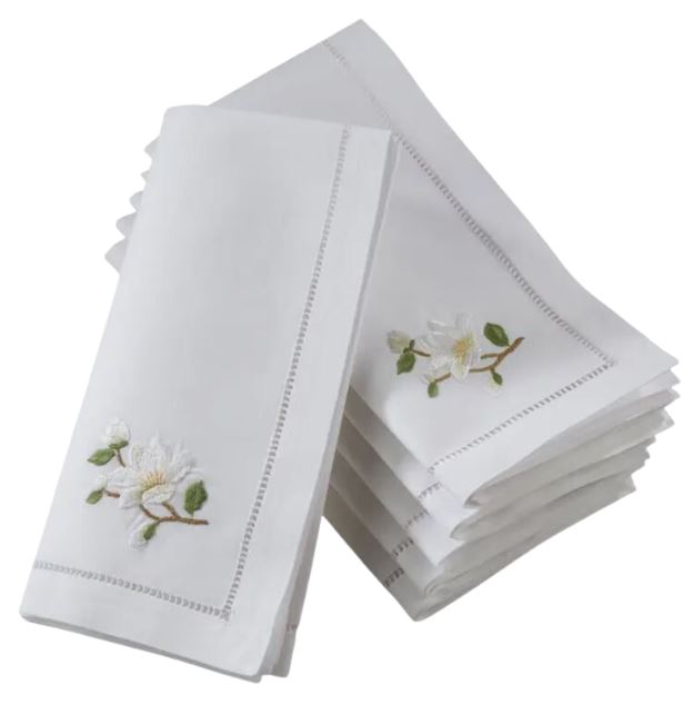 Embroidered Magnolia Hemstitch Napkin 6 Pack