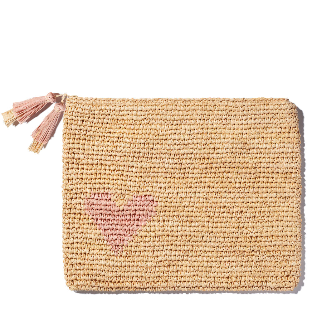 Aerin Large Raffia Heart Zip Pouch