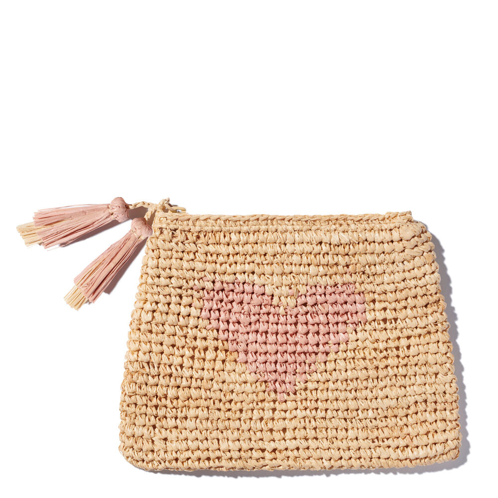 Aerin Small Raffia Heart Zip Pouch